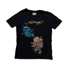 VTG Y2K 00's Ed Hardy Graphic Metallic Embroidered Black Baby Tee YL SZ 12